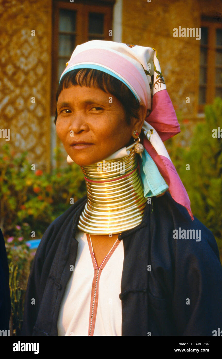 Padaung woman, 'giraffe-neck' woman with brass rings which depress the collarbone, Kayah State, Myanmar (Burma) Stock Photo
