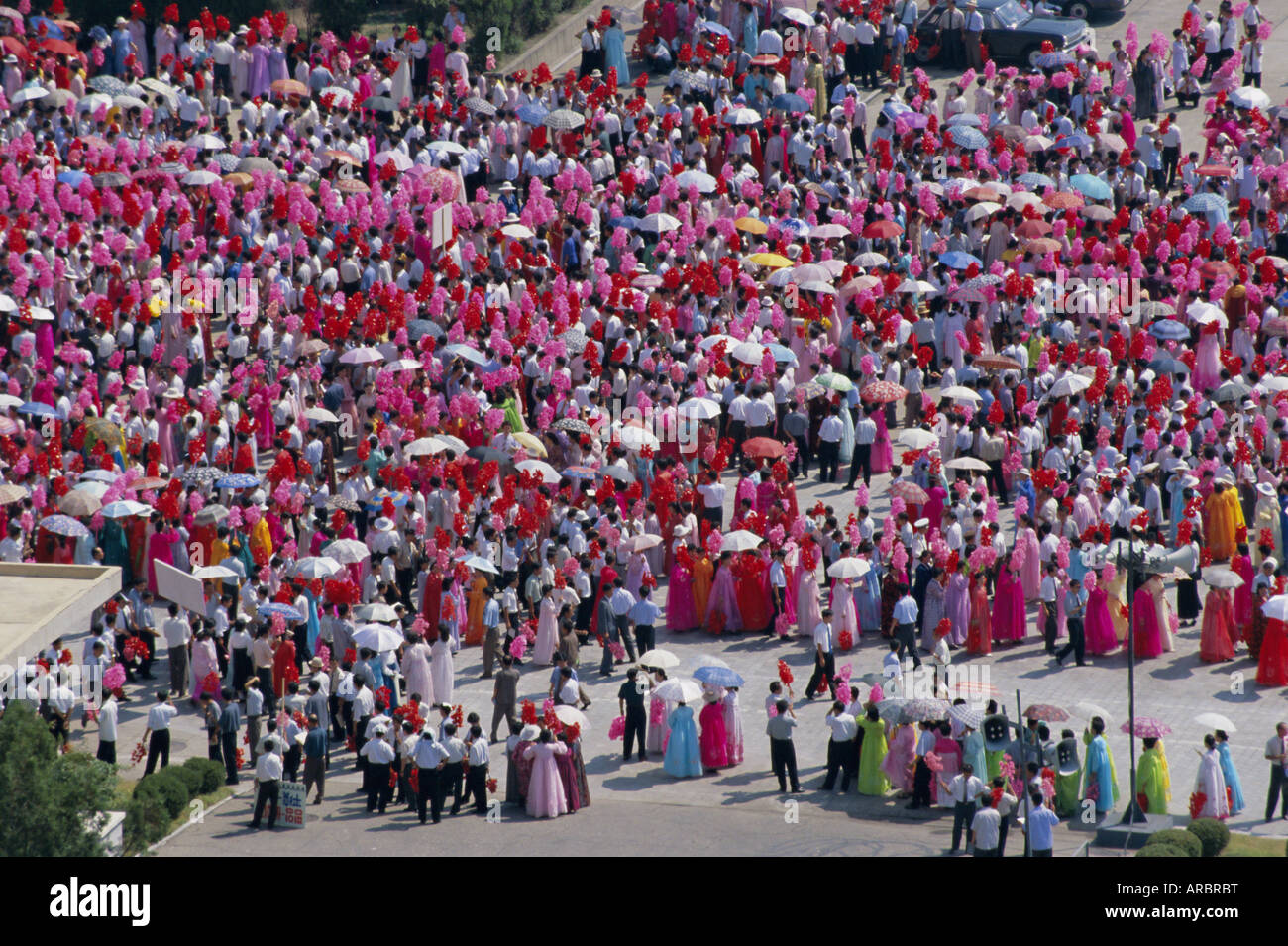 Women in national dress parade in Kim Il Sung Square for state visit, Pyongyang, North Korea, Asia Stock Photo