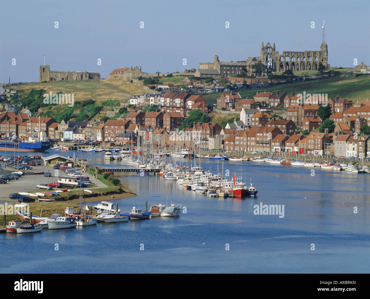 Harbour, abbey and St. Mary's church, Whitby, Yorkshire, England, UK, Europe Stock Photo