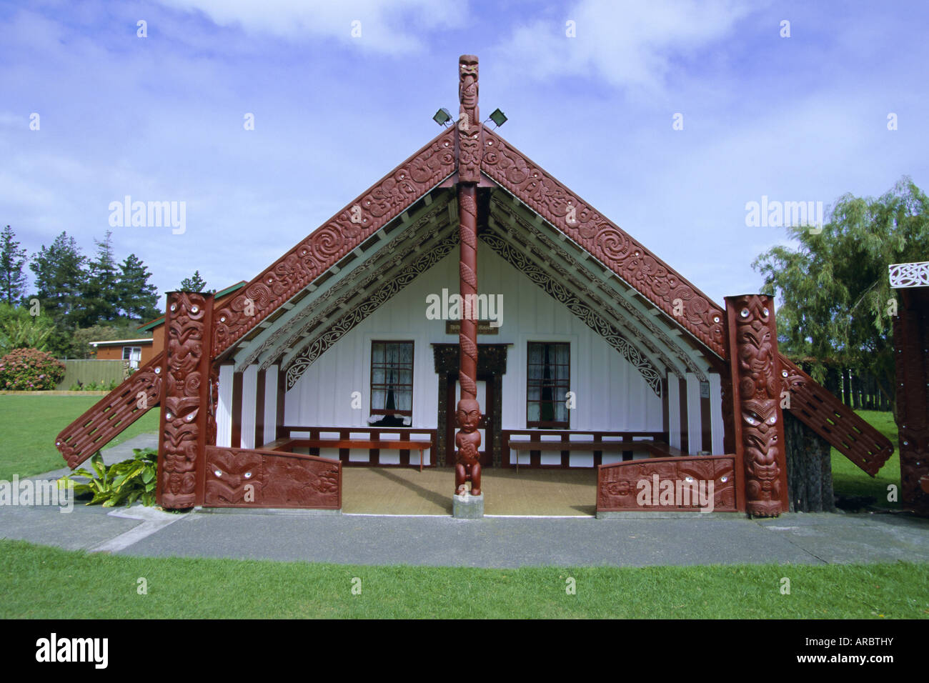 Maori marae, just over the river from the city of Wanganui on the south west coast, Wellington, North Island, New Zealand Stock Photo