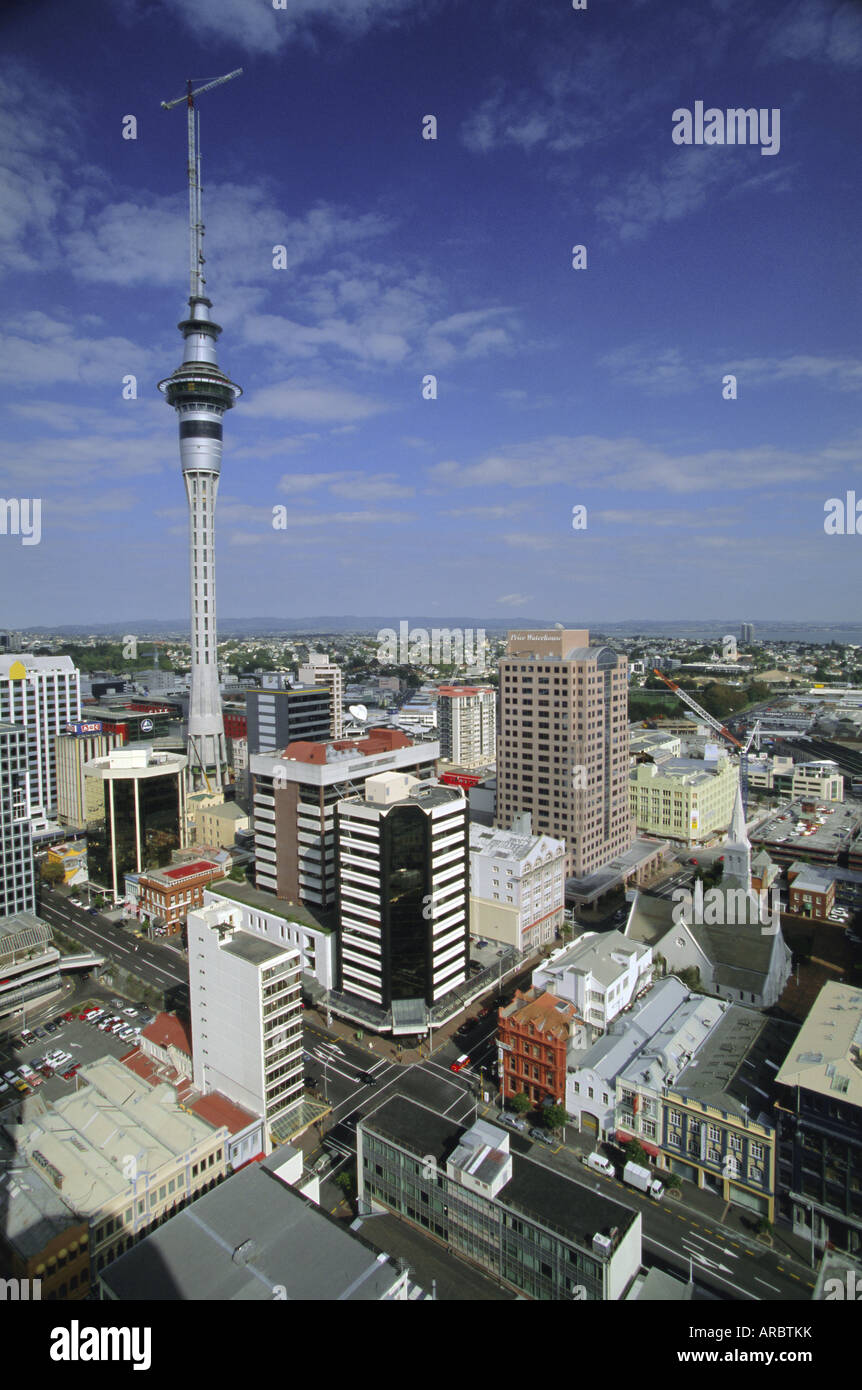 Albert Street and Wyndham Street with Sky City Tower on city skyline, Central Auckland, North Island, New Zealand Stock Photo