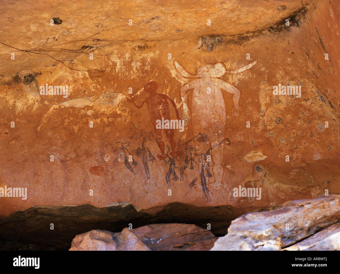 Aboriginal painted figures, over-painted, near King Edward River, Kulumburu Road, Kimberley, Western Australia, Australia Stock Photo