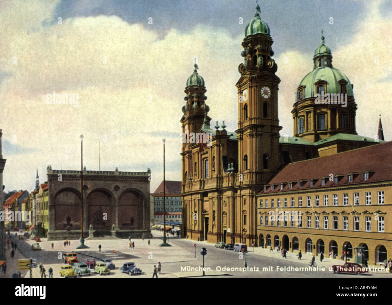 geography/travel, Germany, Munich, Odeonsplatz with Feldherrnhalle and Theatinerkirche, postcard, August Lengauer publisher, Munich, 1950s, , Stock Photo