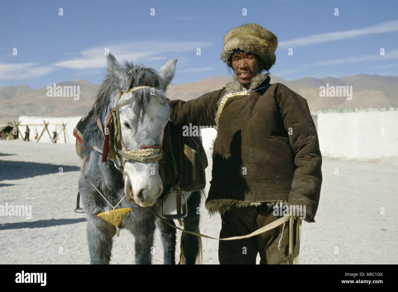 Tibetan horseman with his horse, Tibet, China, Asia Stock Photo