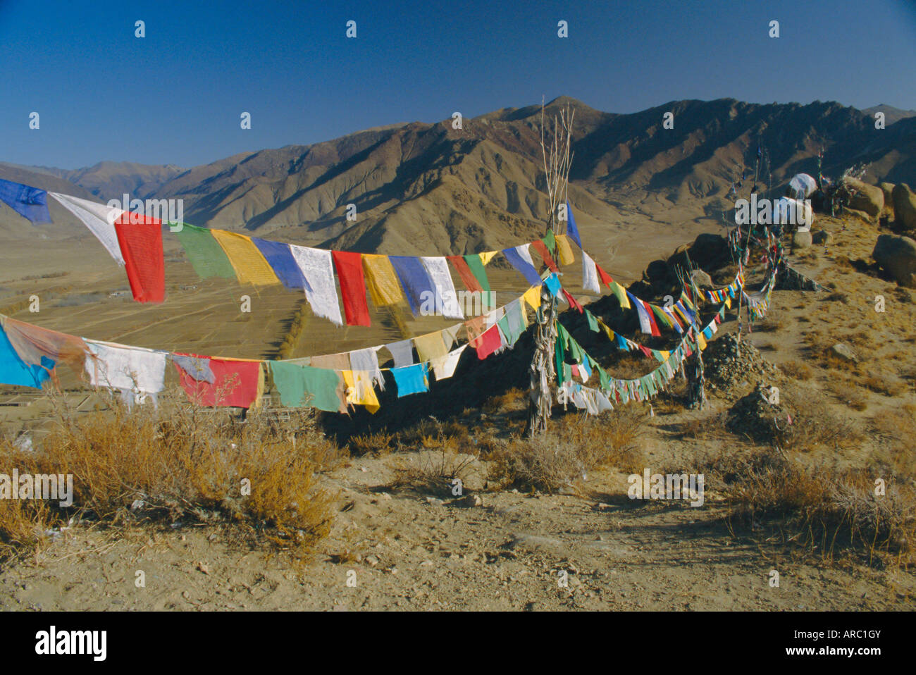 Buddhist prayer flags, Samye monastery, Tibet, China Stock Photo