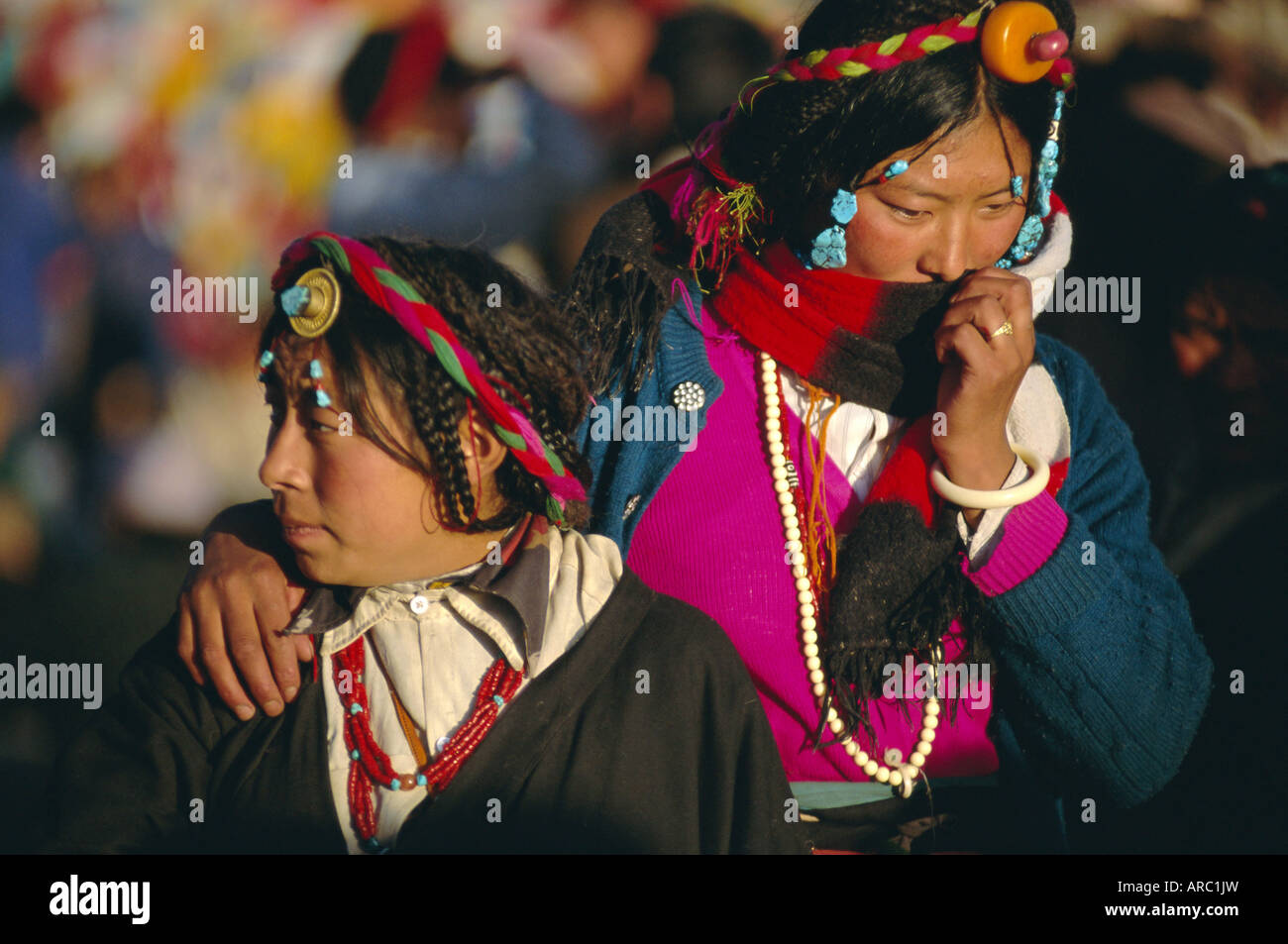 Two Tibetan women in traditional dress, Lhasa, Tibet, China, Asia Stock Photo