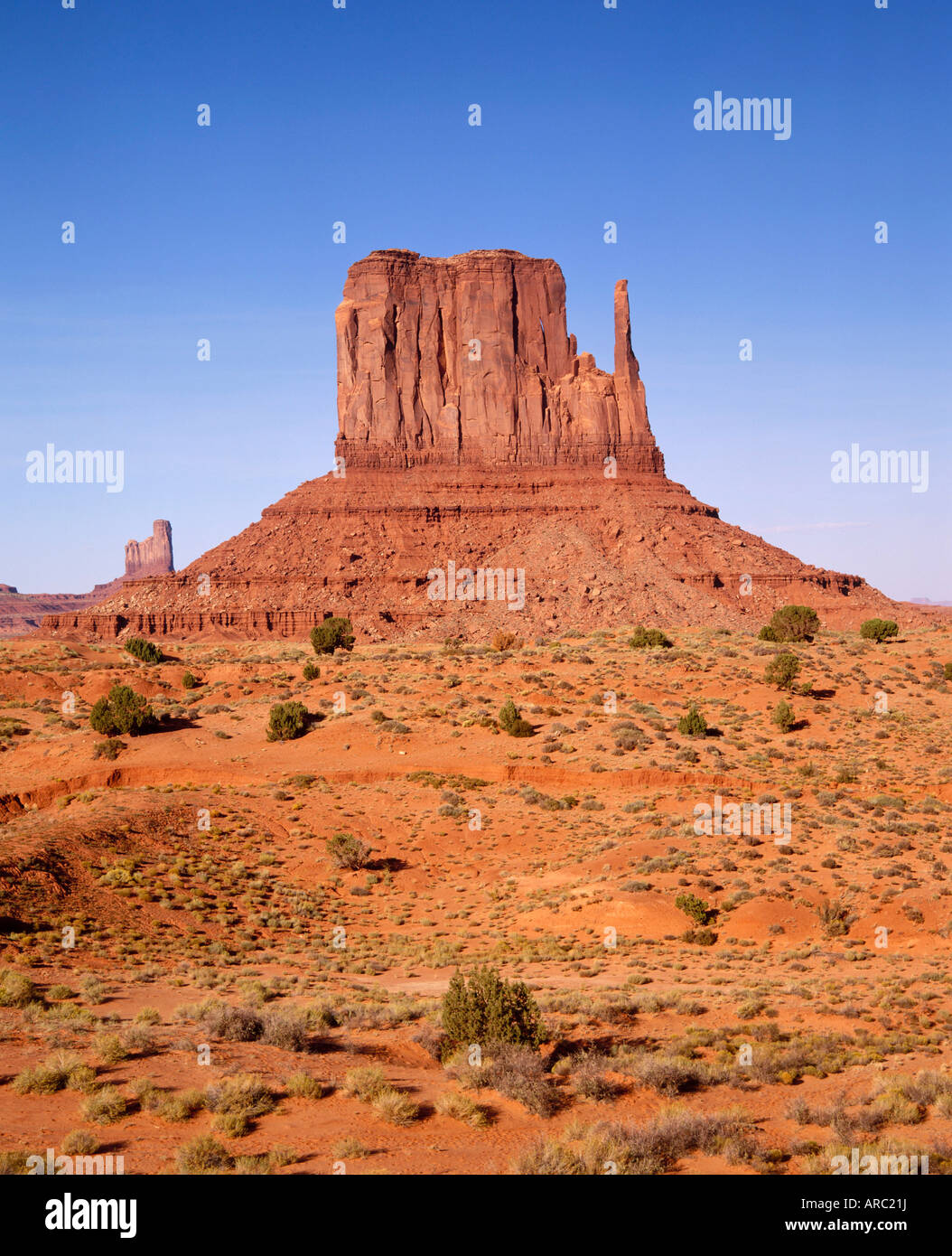 Rock formations known as The Mittens on the Navajo Tribal Reservation in Monument Valley, on the Utah Arizona border, USA Stock Photo