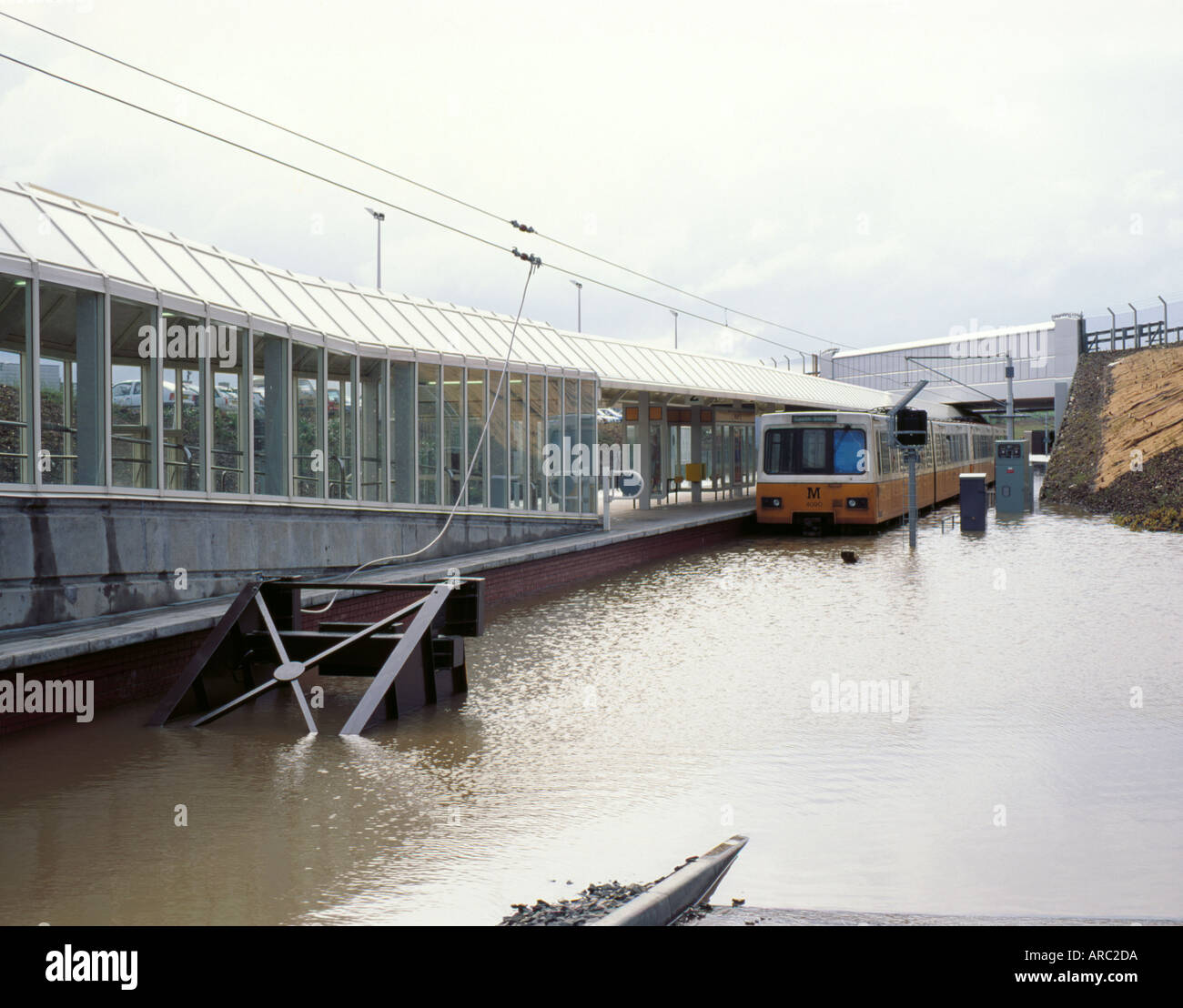 Flooding of Tyneside Metro Station, by very heavy rainfall, at Newcastle Airport, Woolsington, Tyne and Wear, England, UK. Stock Photo