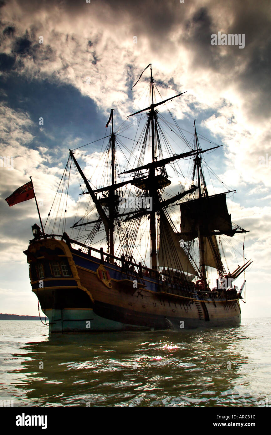 Barque,gaffer,Replica of James Cook's ship, Endeavour, Solent Isle of Wight England  huge sunset Stock Photo