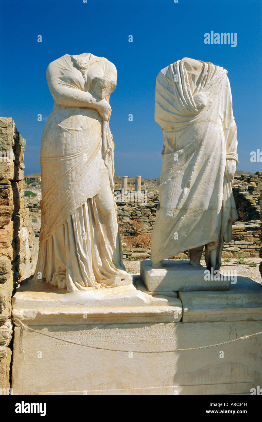 Statues of Cleopatra and Dioscrides, Delos, Cyclades Islands, Greece, Europe Stock Photo
