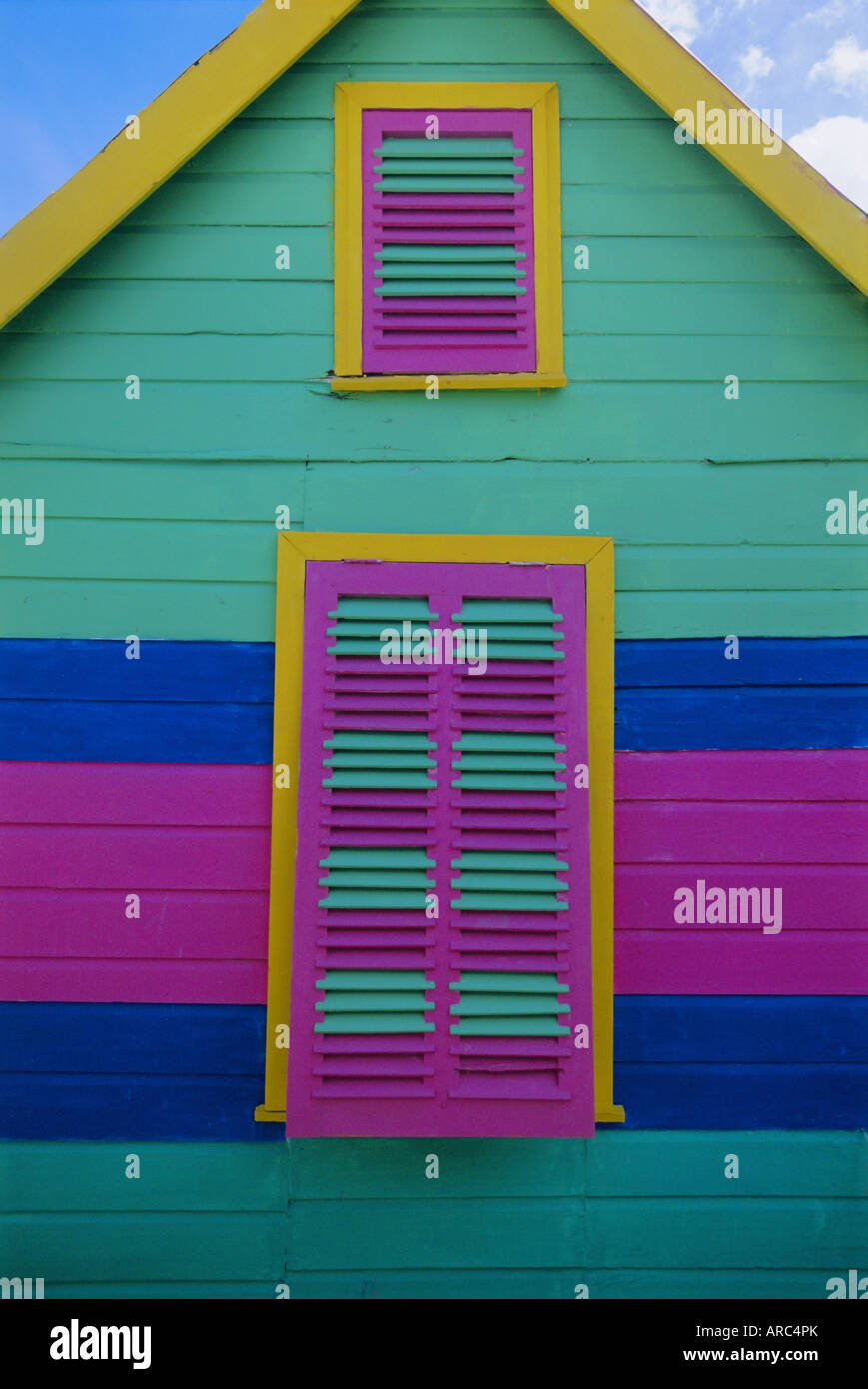 Colourful chattel house front, Barbados, West Indies, Caribbean, Central America Stock Photo