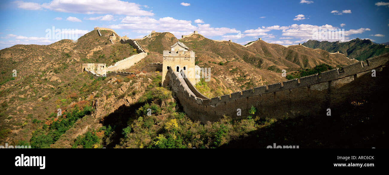 Elevated panoramic view of the Jinshanling section of the Great Wall of China, UNESCO World Heritage Site, near Beijing, China Stock Photo