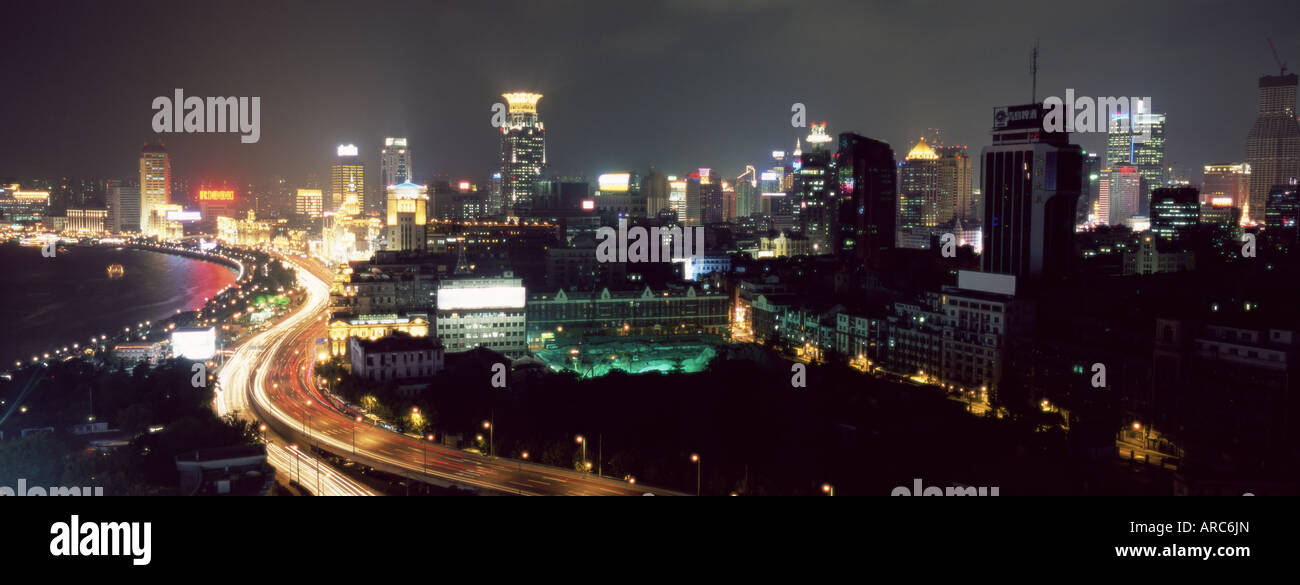 Elevated night view of the Bund (Zhongshan Dong Yilu), river and new city skyline, Shanghai, China, Asia Stock Photo