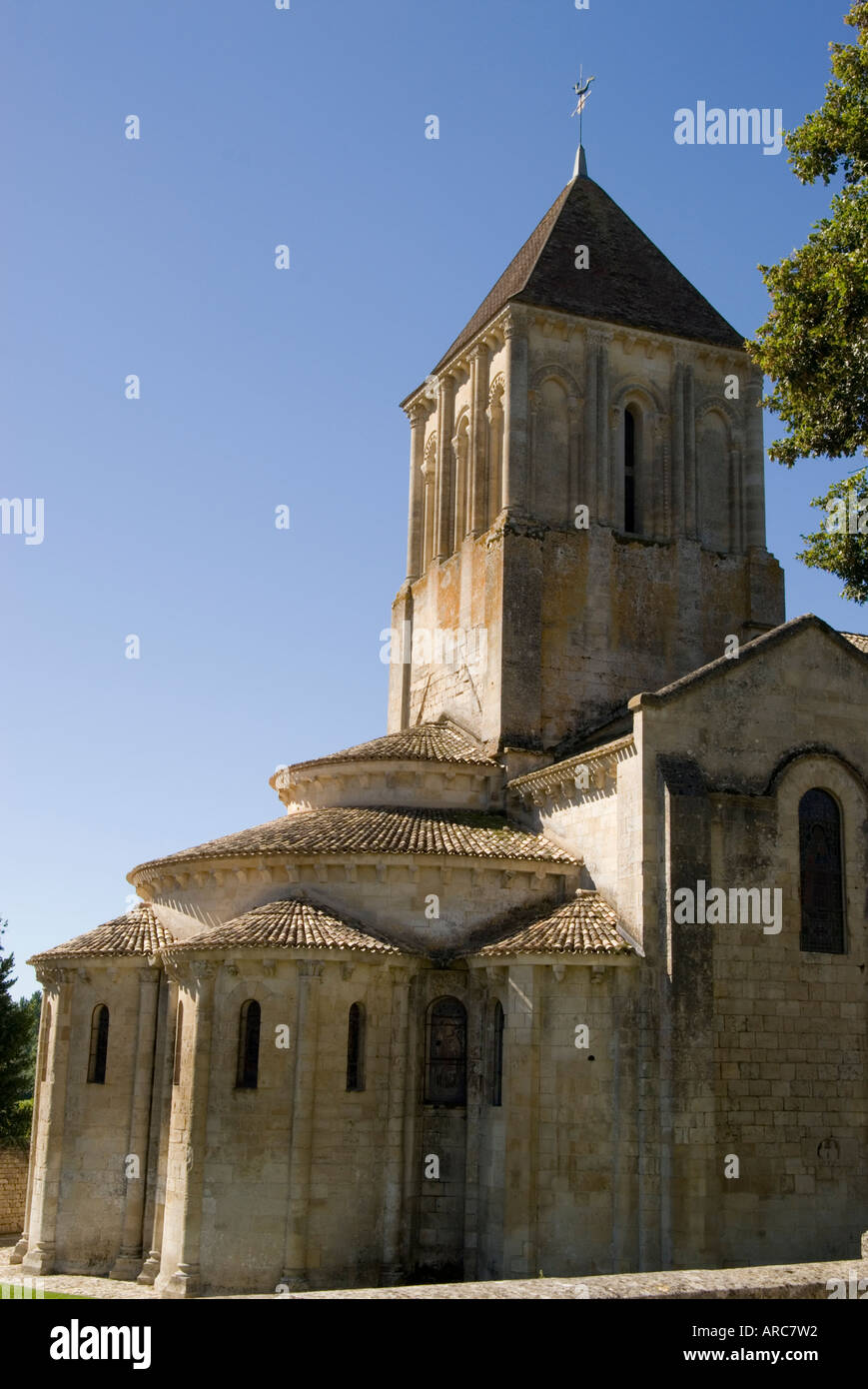 View of the east front of the Church of St Hilaire Melle Deux Sevres Poitou Charentes France Europe Stock Photo