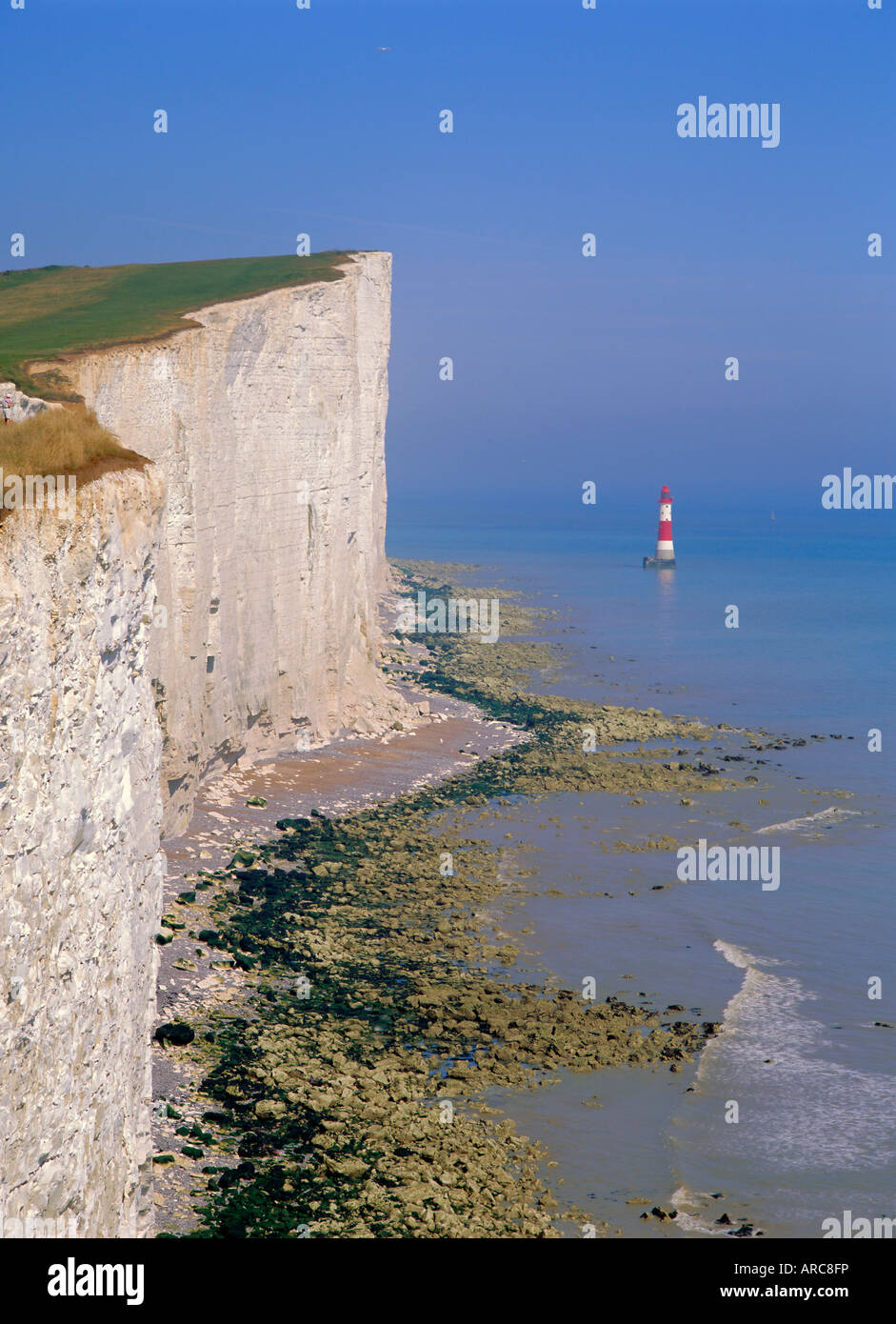 The lighthouse and chalk cliffs of Beachy Head from the South Downs Way, East Sussex, England, UK, Europe Stock Photo