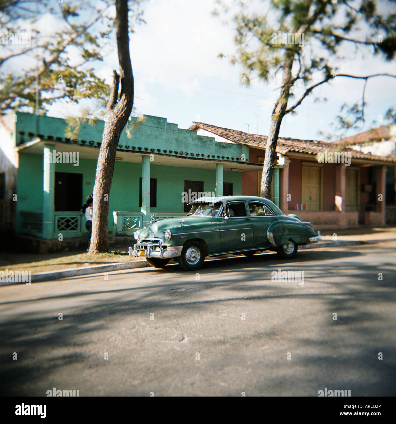 Old green American car, Vinales, Cuba, West Indies, Central America Stock Photo