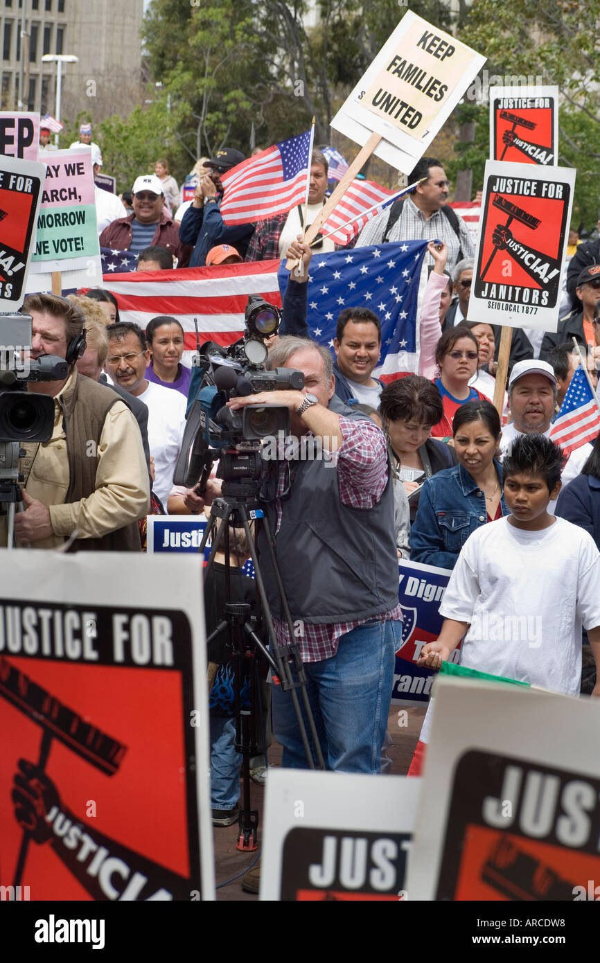 Television news cameramen cover a demonstration Stock Photo