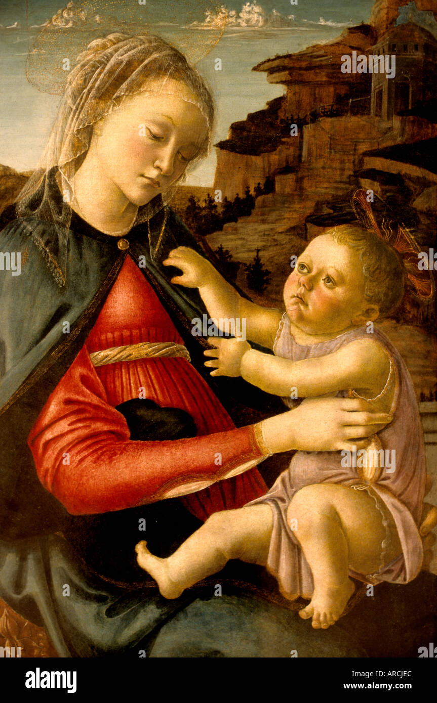 Maria Madonna Christ Religion Alessandro Botticelli The Virgin and Child with John the Baptist. Stock Photo