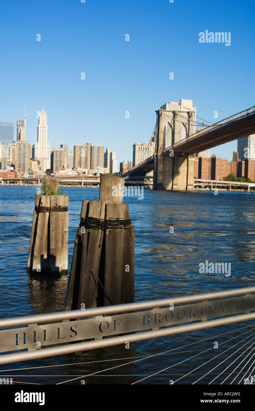Brooklyn Bridge and the East River from the Fulton Ferry Landing, Brooklyn, New York City, New York, USA, North America Stock Photo