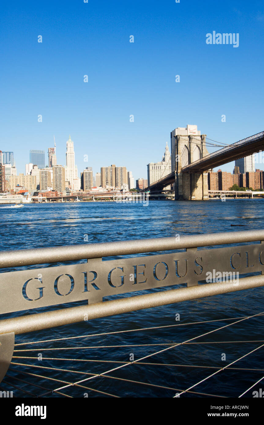 Manhattan skyline, Brooklyn Bridge and the East River from the Fulton Ferry Landing, Brooklyn, New York City, New York, USA Stock Photo