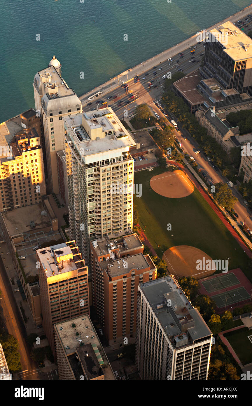 LAKEFRONT Chicago Illinois Views of Lake Shore Drive baseball diamonds in park and highrise buildings near lakefront Stock Photo