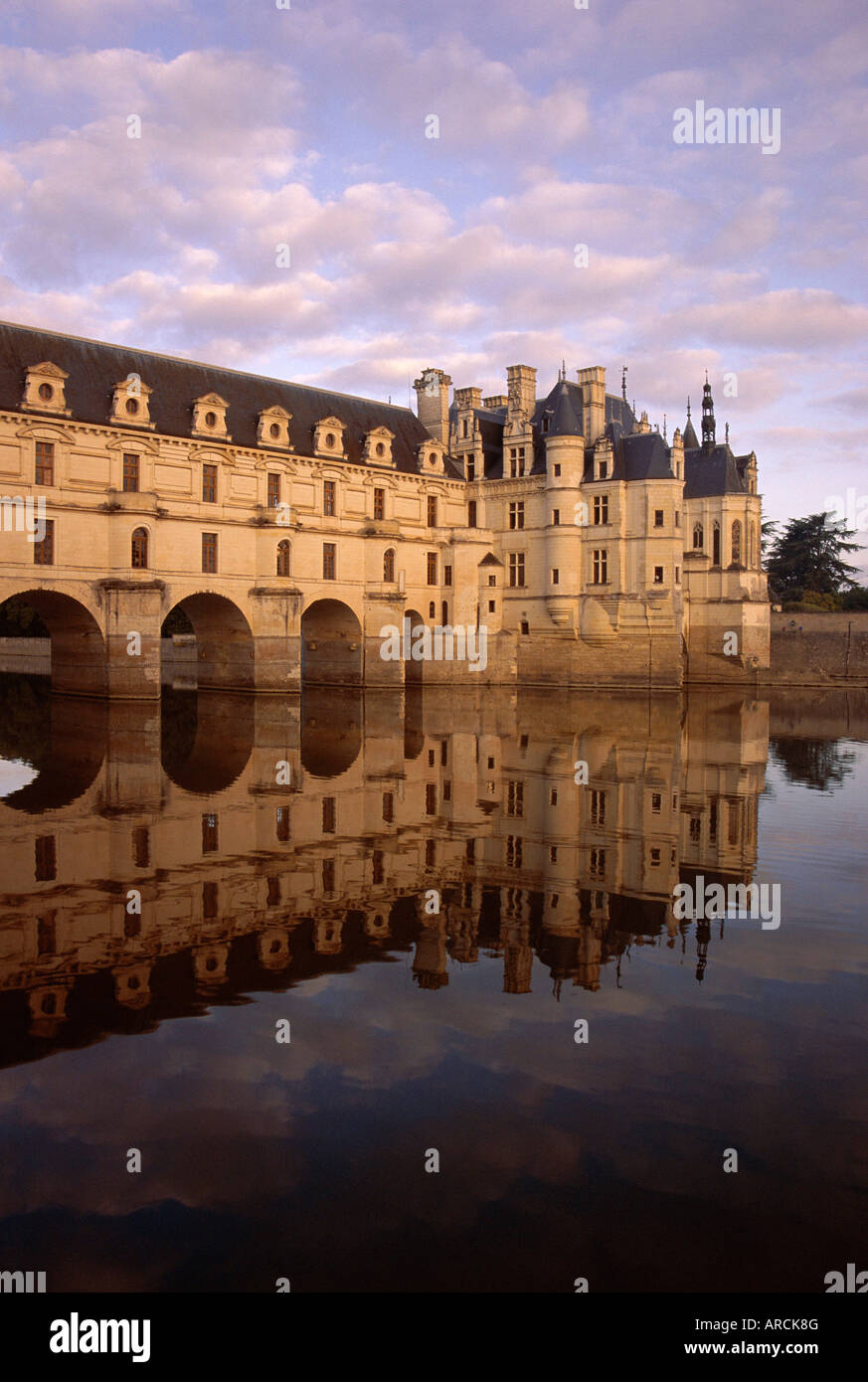 Chateau of Chenonceaux, reflected in water, Loire Valley, Centre, France, Europe Stock Photo
