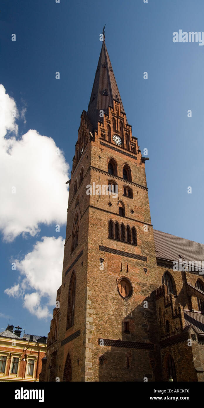 The spire of the Baltic Brick Gothic style mediaeval St Peter's Church in Malmo Sweden Stock Photo