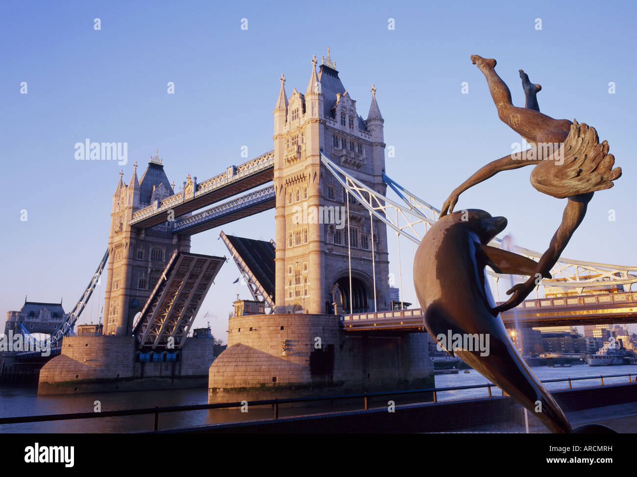 Tower Bridge and bankside fountain sculpture, London, England, UK