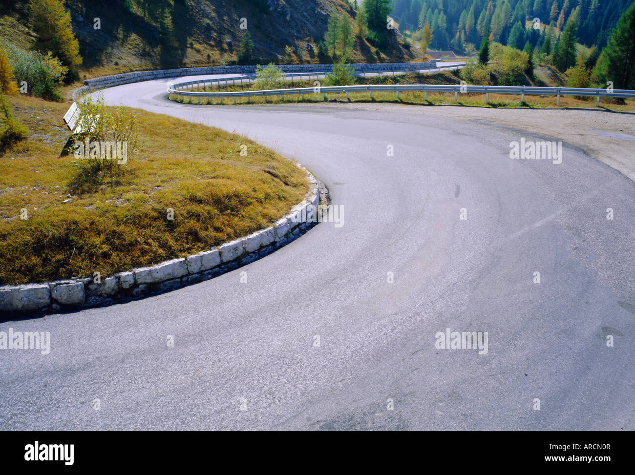 Winding road, Pass Di Gardena, South Tyrol, Dolomites, Trentino Alto-Adige, Italy Stock Photo