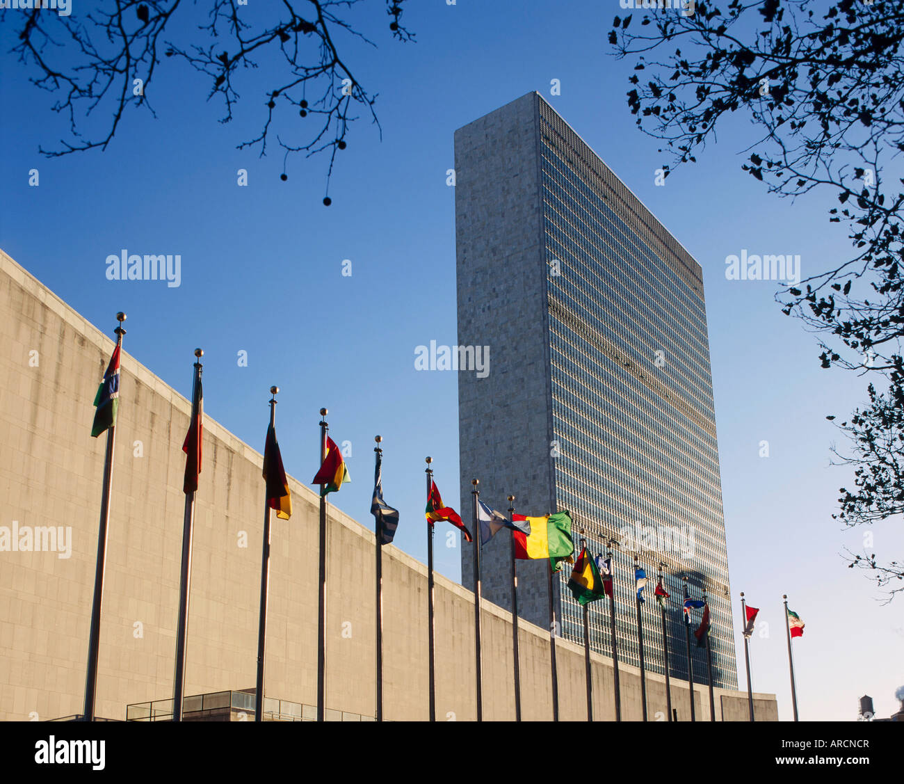 Line of flags outside the United Nations Building, Manhattan, New York City, USA Stock Photo