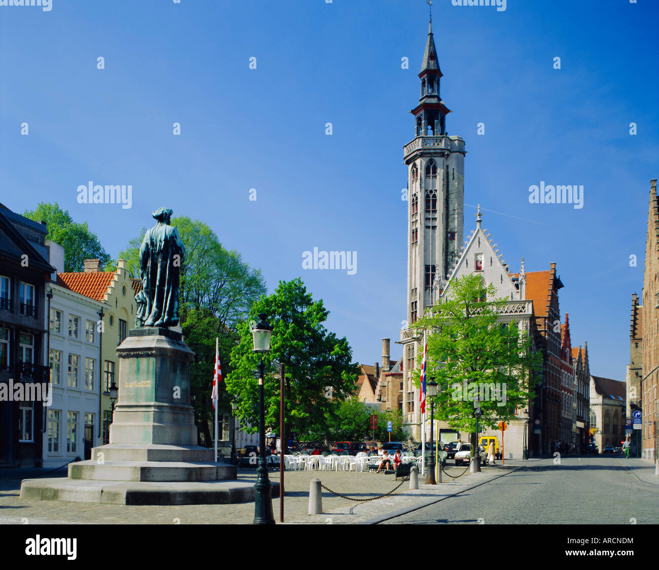 Poorters Loge and Jean van Eyck statue, Bruges, Belgium Stock Photo