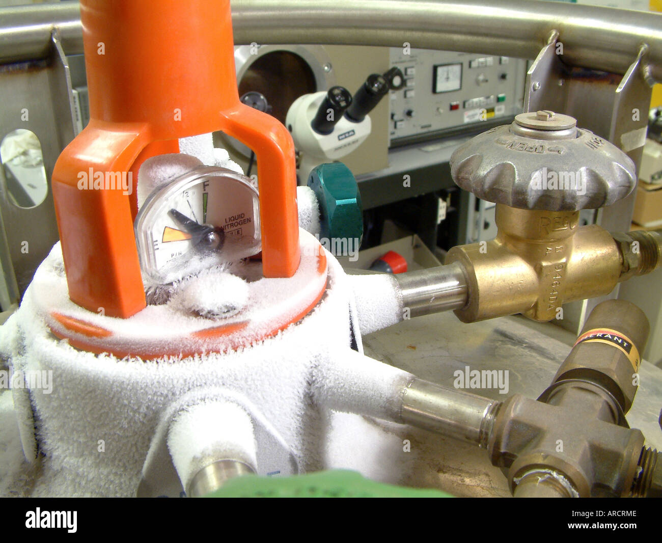 Frost on a liquid nitrogen cylinder indicating that liquid nitrogen is