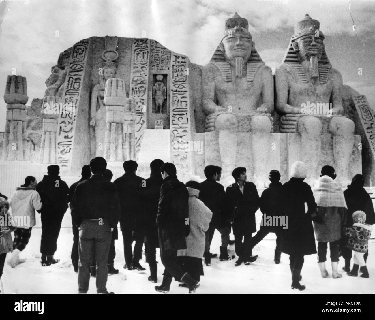 geography / travel, Japan, Sapporo, snow festival, Egyptian temple of Abu Simbel, circa 1970s, historic, historical, Asia, 20th century, copy, imitation, replication, people, Stock Photo