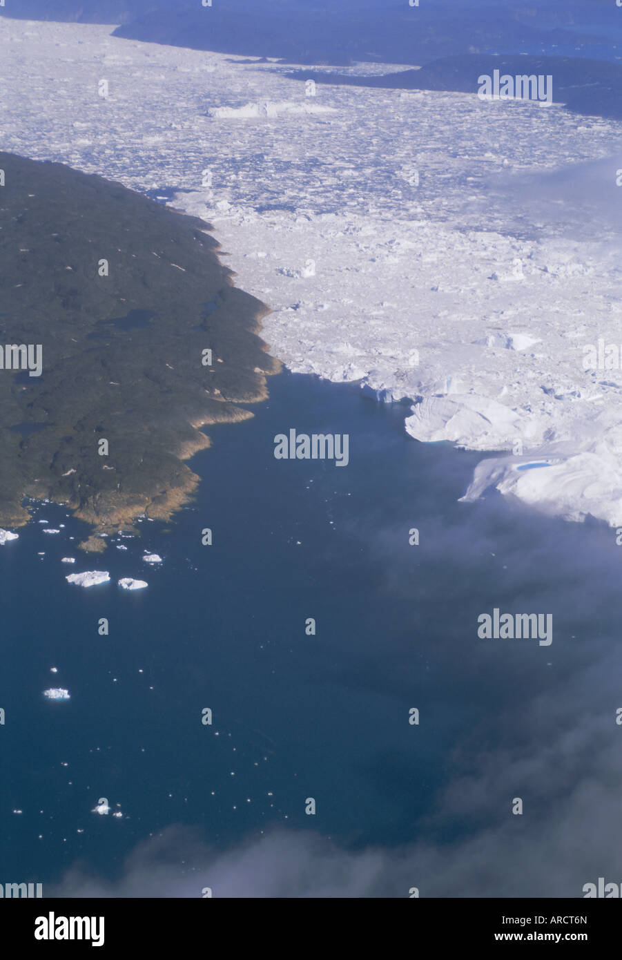 Aerial shot of west coast of Greenland, Ilulissat, Greenland, Polar Regions Stock Photo