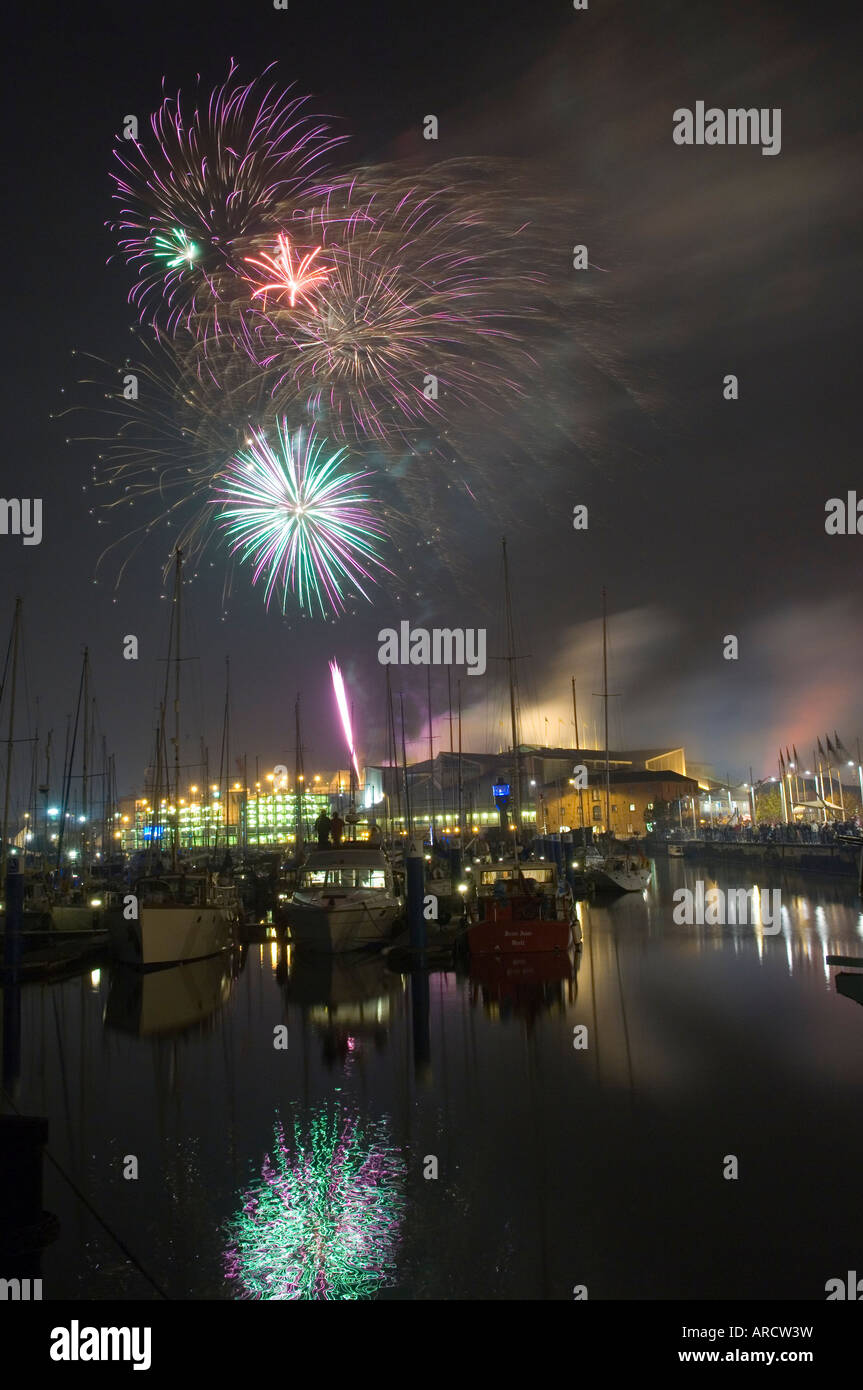 Pictured at Kingston Upon Hull is the annual firework display seen from across the marina. Stock Photo