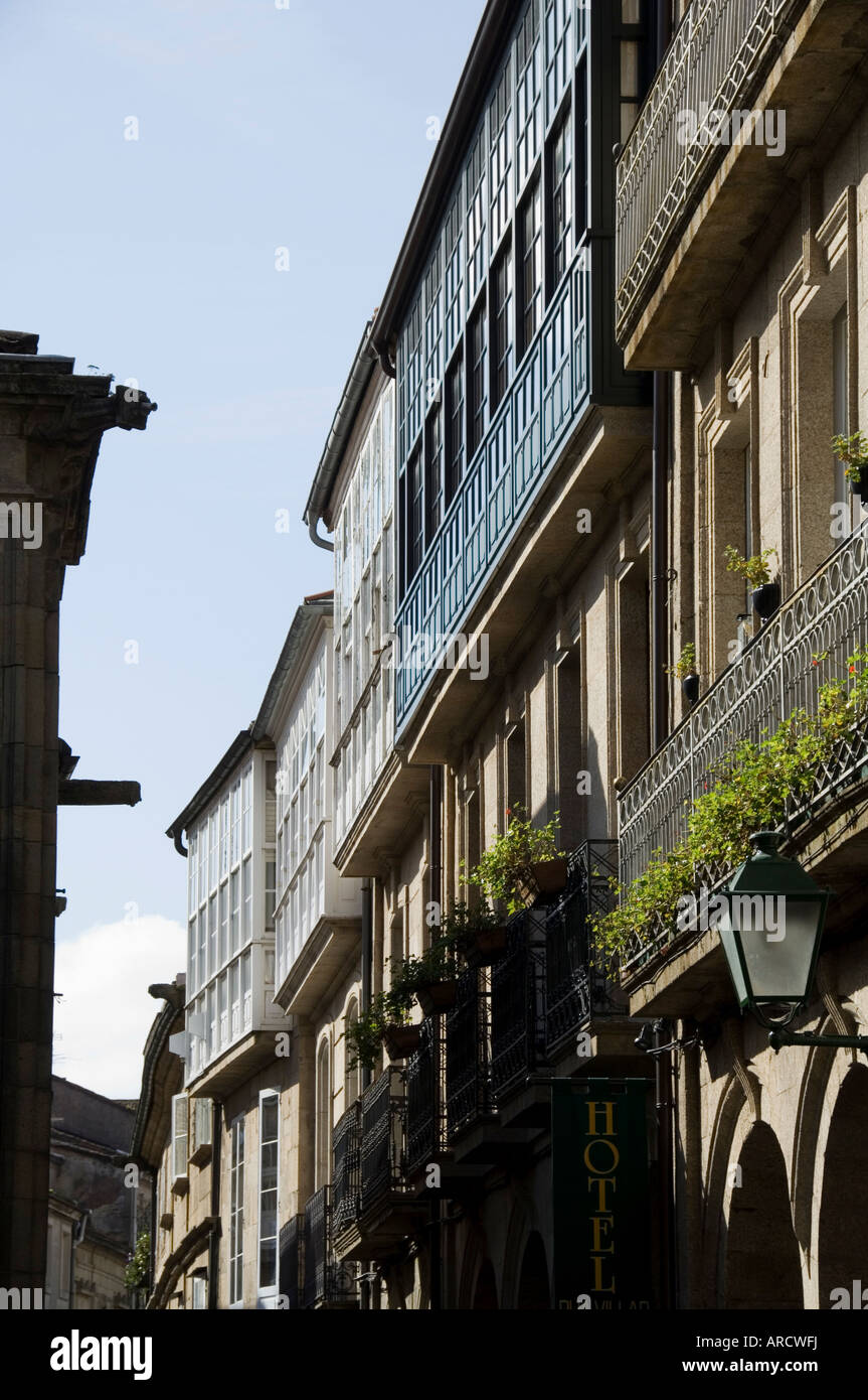 Glazed balconies in Santiago de Compostela, Galicia, Spain, Europe Stock Photo