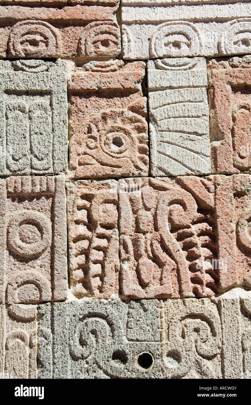 Columns depicting the quetzal bird, Palace of the Quetzal Butterfly, Teotihuacan, Mexico Stock Photo