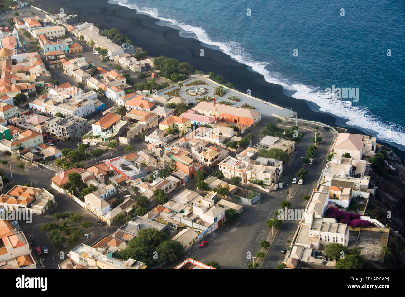 Sao Filipe from the air, Fogo (Fire), Cape Verde Islands, Atlantic Ocean, Africa Stock Photo