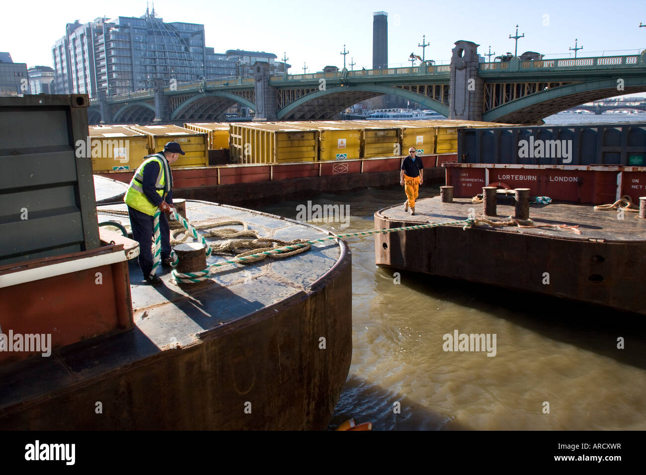 Refuse barges at Walbrook Wharf Waste transfer station on the River