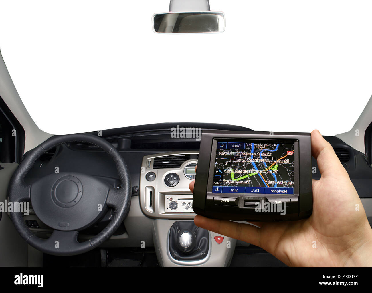 GPS vehicle navigation system in the hand of a man Stock Photo Alamy