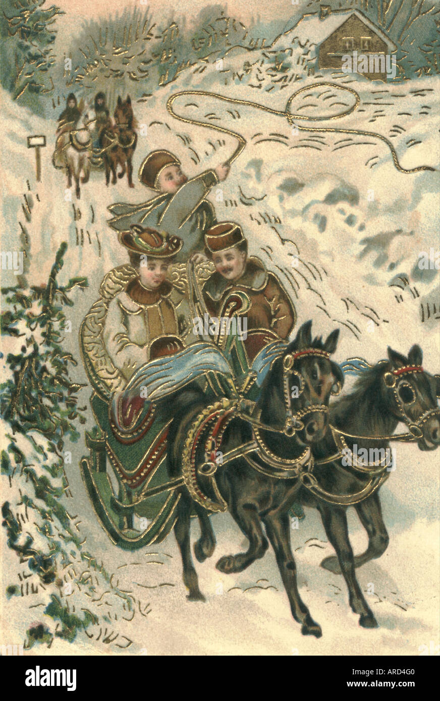 Chromolithographed, embossed and gilded Russian New Year postcard postally used 1905 Stock Photo