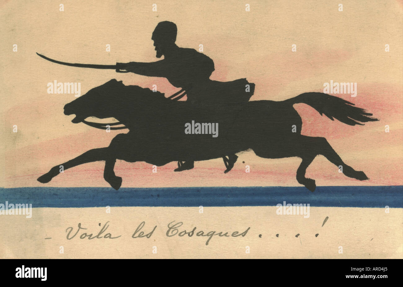 Handpainted picture postcard of Cossack circa 1905 Stock Photo