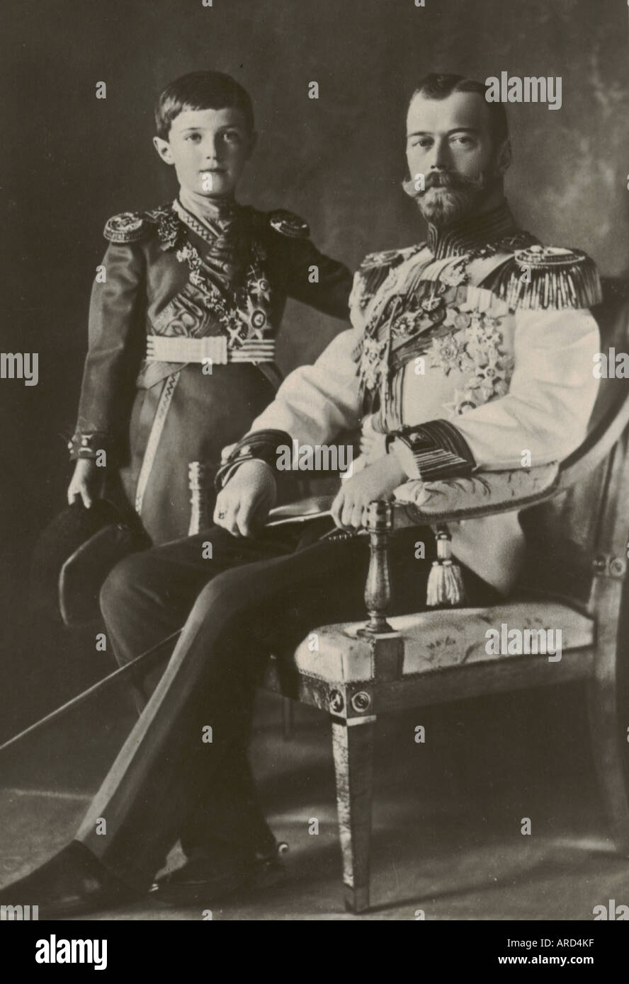 Photographic postcard of Czar Nicholas II and the Czarevitch of Russia circa 1910 Stock Photo