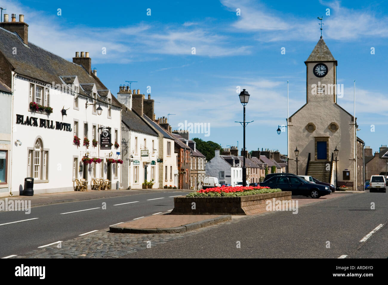 Lauder town in the Scottish Borders south of Edinburgh with Black Bull Hotel and town hall Stock Photo