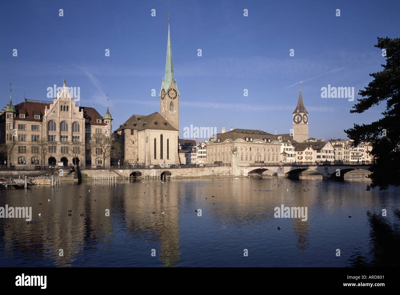 Zürich, Blick über die Limmat mit Fraumünster und St. Peter Stock Photo