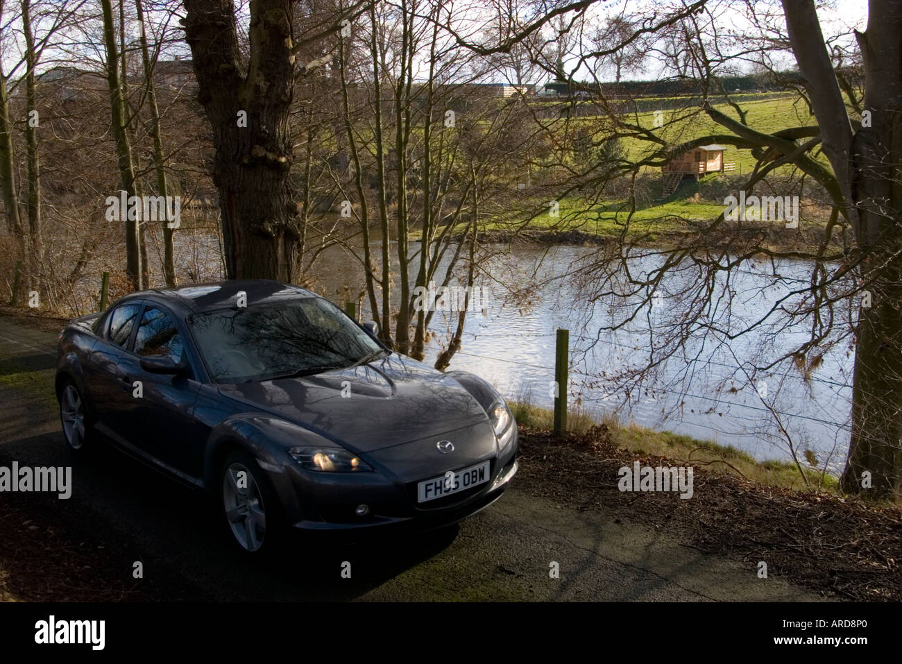 Mazda RX8 car beside the River Teviot in the Scottish Border country Stock Photo