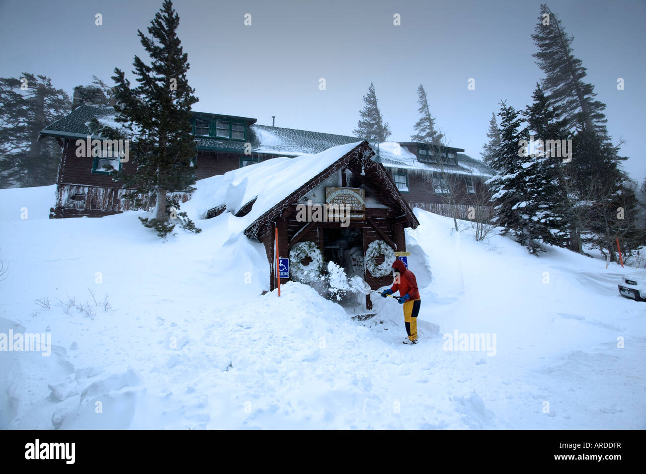 Tamarack Lodge Mammoth Mountain covered with Snow Stock Photo