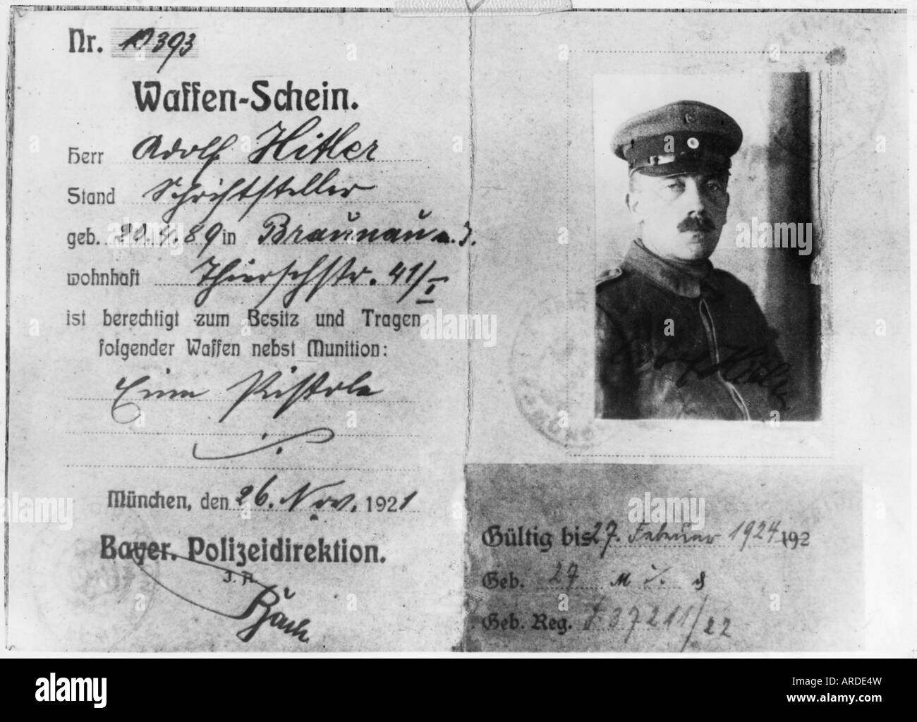 Hitler, Adolf, 20.4.1889 - 30.4.1945, German politician (NSDAP), fire arm certificate, Munich, 26.11.1921, , Stock Photo