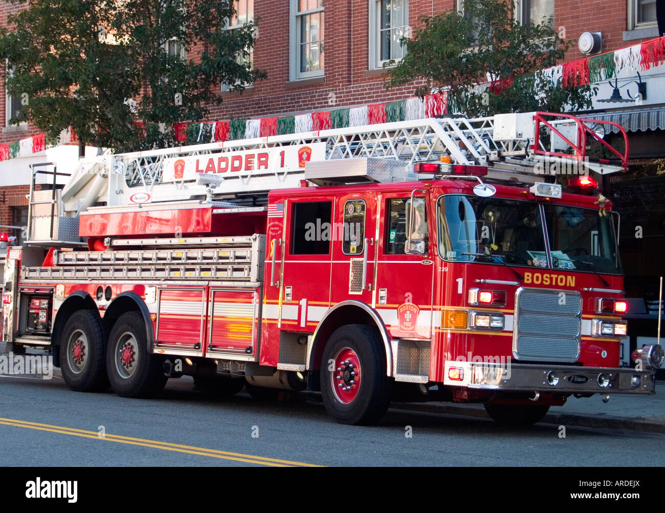 A fire truck from Ladder 1 parked in the Italian District of Boston, Massachusetts USA Stock Photo