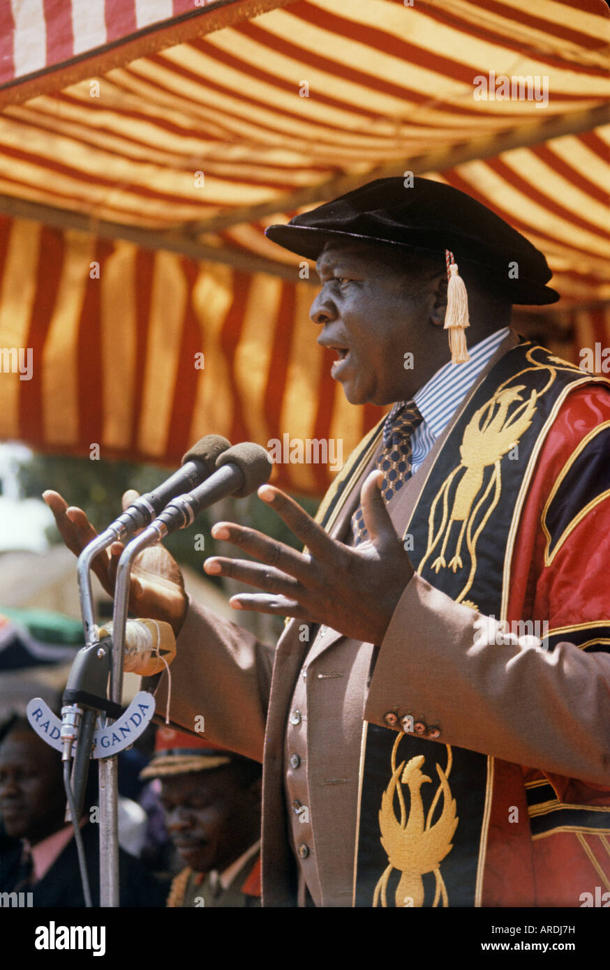 Uganda president Idi Amin in robes of Chancellor of Makerere University on a day of graduation Stock Photo